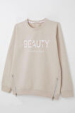 Breeze Kız Çocuk Sweatshirt Yazı Baskılı Kenarları Fermuar Detaylı 9-14 Yaş, Bej