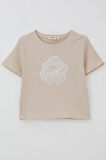 Breeze Kız Çocuk Tişört Tül Çiçek Armalı Boncuk Aksesuarlı Kemer Boy 8-14 Yaş, Bej