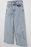 Breeze Kız Çocuk Jean Pantolon Kelebek Nakışlı Paçası Püsküllü 8-14 Yaş, Açık Mavi