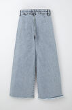 Breeze Kız Çocuk Jean Pantolon Geniş Paça Düğmeli Paçası Püskül Detaylı 5-9 Yaş, Açık Mavi