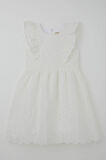 Breeze Kız Çocuk Elbise Çiçek Nakışlı Güpürlü Fırfır Detaylı Arkası Fermuarlı 7-12 Yaş, Ekru