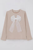 Breeze Kız Çocuk Uzun Kollu Tişört Fiyonk Aksesuarlı 8-12 Yaş, Bej