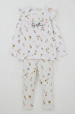 Breeze Kız Çocuk Taytlı Takım Renkli Çiçek Desenli Omuzu Fırfırlı 2-6 Yaş, Beyaz