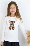Breeze Kız Çocuk Uzun Kollu Tişört İncili Aplike Leopar Ayıcık Nakışlı 5-10 Yaş, Ekru