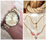 Ferrucci Kristal Efektli Taşlı Kadran Kadın Kol Saat+Çelik Kolye Hediye