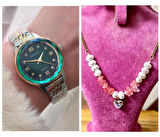 Ferrucci Kristal Efektli Taşlı Kadran Kadın Kol Saat+Çelik Kolye Hediye