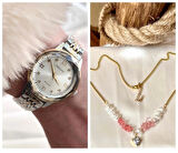 Ferrucci Kristal Efektli Taşlı Kadran Kadın Kol Saat+Çelik Kolye Hediye