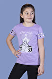 Toontoy Kız Çocuk Baskılı Taş İşlemeli Arkası Tül Detaylı Tişört