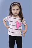 Toontoy Kız Çocuk Çizgli Kalp Baskılı Taş İşlemeli Tişört