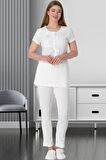 Mecit 5803 Ekru Dantel Pelerinli Şık Hamile Lohusa 3 LÜ Pijama Tk