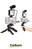 Premium Mikrofonlu Ses Kayıt Stabil Çekim Hafif Kayıt Ayarlanabilir Led Işıklı Tripod Vlog Çekim Kit