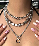 Gümüş Renk Taş Detaylı Çoklu Kolye