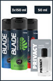 Privacy Men Limited Edt 50 Ml&Blade Green Dream,MarineFresh,Self Confidence Erkek Deodorant  3x150Ml