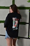 La Sırt Baskılı Oversize Unisex Siyah Tshirt