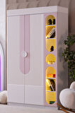 Gardırop, Vira 2 Kapaklı Dolap ve Ledli Kitaplık - Pembe