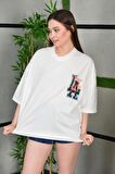 La Sırt Baskılı Oversize Unisex Beyaz Tshirt