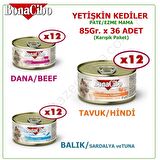 BONACİBO EZME FORMUNDA YETİŞKİN KEDİ TAM YAŞ MAMA 85 Gr X 36 ADET, Tavuk/Hindi, Dana, Sardalya/Tuna Balıklı