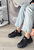 Pabucmarketi Siyah Suni Deri Bağcıklı Sneaker Kadın Ayakkabı