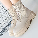 Pabucmarketi Kadın Bej Suni Deri Bağcıklı Bot