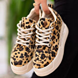 Pabucmarketi Leopar Renkli Süet Bağcıklı Kadın Sneaker Ayakkabı