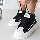Pabucmarketi Siyah Suni Deri Bağcıklı Kadın Sneaker Kadın Ayakkabı