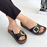 Pabucmarketi Siyah Suni Deri Kadın Düz Terlik