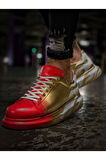 Pabucmarketi Bağcıklı Baskılı Erkek Spor Ayakkabı Kırmızı Altın