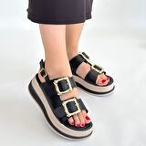 Pabucmarketi Siyah Suni Deri Kadın Düz Sandalet