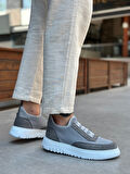 Pabucmarketi Bağcıksız Lastik Detaylı Triko Erkek Hi Sneaker GRİ (BEYAZ TABAN)
