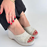 Pabucmarketi Bej Triko Kadın Dolgu Topuk Terlik