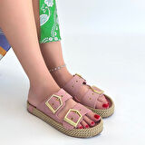 Pabucmarketi Pudra Nubuk Çift Tokalı Kadın Düz Terlik