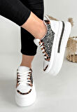 Pabucmarketi Beyaz Siyah Simli Bağcıklı Kadın Spor Ayakkabı