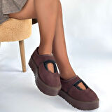 Pabucmarketi Kahverengi Süet Kürklü Kadın Düz Bootie