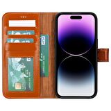 Apple iPhone 15 Pro Max Uyumlu Deri Cüzdanlı Kılıf MWWN RST2EF Taba