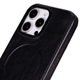 Apple iPhone 16 Pro Max uyumlu, Hakiki Deri, El Yapımı Kılıf, Parlak Siyah