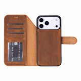 Apple iPhone 17 Pro Max için, Hakiki Deri, El Yapımı Cüzdanlı Kılıf, Magsafe ile uyumlu, İç Yüzeyi Kadife, Karamel