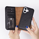 Apple iPhone 17 için, Hakiki Deri, El Yapımı Cüzdanlı Kılıf, Magsafe ile uyumlu, İç Yüzeyi Kadife, Siyah