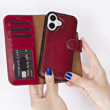Apple iPhone 17 için, Hakiki Deri, El Yapımı Cüzdanlı Kılıf, Magsafe ile uyumlu, İç Yüzeyi Kadife, Kırmızı