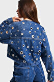 Kadın Mavi Renk 1s5-5 Kuş Gözü Detaylı Crop Oversize %100 Koton Tasarım Denim Ceket