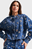 Kadın Mavi Renk 1s5-5 Kuş Gözü Detaylı Crop Oversize %100 Koton Tasarım Denim Ceket