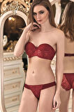 Kadın Bordo Çiçekli Balenli Push-up Straplez Sütyen Takım 4518