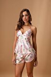 Nurteks 5551 Kadın Çiçek Desenli Saten Şort Takım
