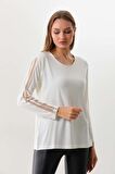 Sistas Kadın Kolları Fileli Bisiklet Yaka Uzun Kol Bluz 20162 Ekru
