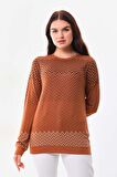 Sistas Kadın Desenli Bisiklet Yaka Uzun Kol Bluz 23597 Camel