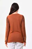 Sistas Kadın Desenli Bisiklet Yaka Uzun Kol Bluz 23597 Camel