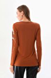 Sistas Kadın Desenli Bisiklet Yaka Uzun Kol Bluz 23598 Camel