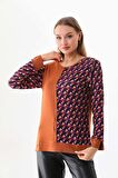 Sistas Kadın Desenli Bisiklet Yaka Uzun Kol Bluz 23592 Camel