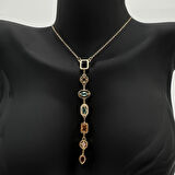 Çelik Yedi Elemen Y Kolye Gold Renkli Taş Detay - Gold