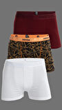 Erkek Çok Renkli 3'lü Likralı Pamuklu Boxer (BEYAZ BORDO GEOMETRİK)