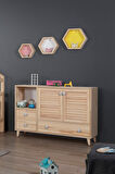 Doğal Ladin Çocuk Odası - Lina Montessori Takımı, 4 Kapaklı Dolap, Yavrulu Karyola, Şifonyer